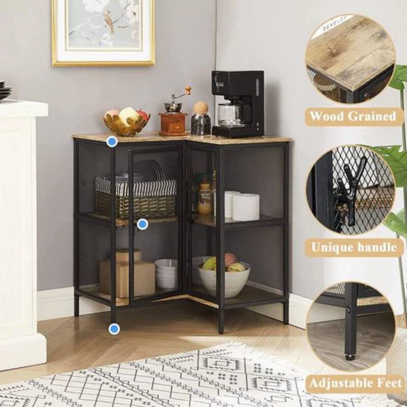 VECELO L-Shaped 3-Tier Corner Cabinet 29.4" End Table with Mesh Doors and Storage Shelves 90° Angle Design Free-Standing Table