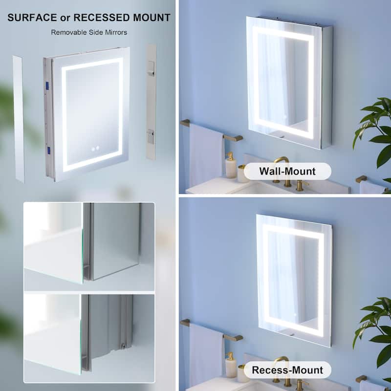 30" H Recessed or Surface LED Mirror Cabinet with Adjustable Glass Shelves,Defogger, Dimmer And Outlets & USB Ports