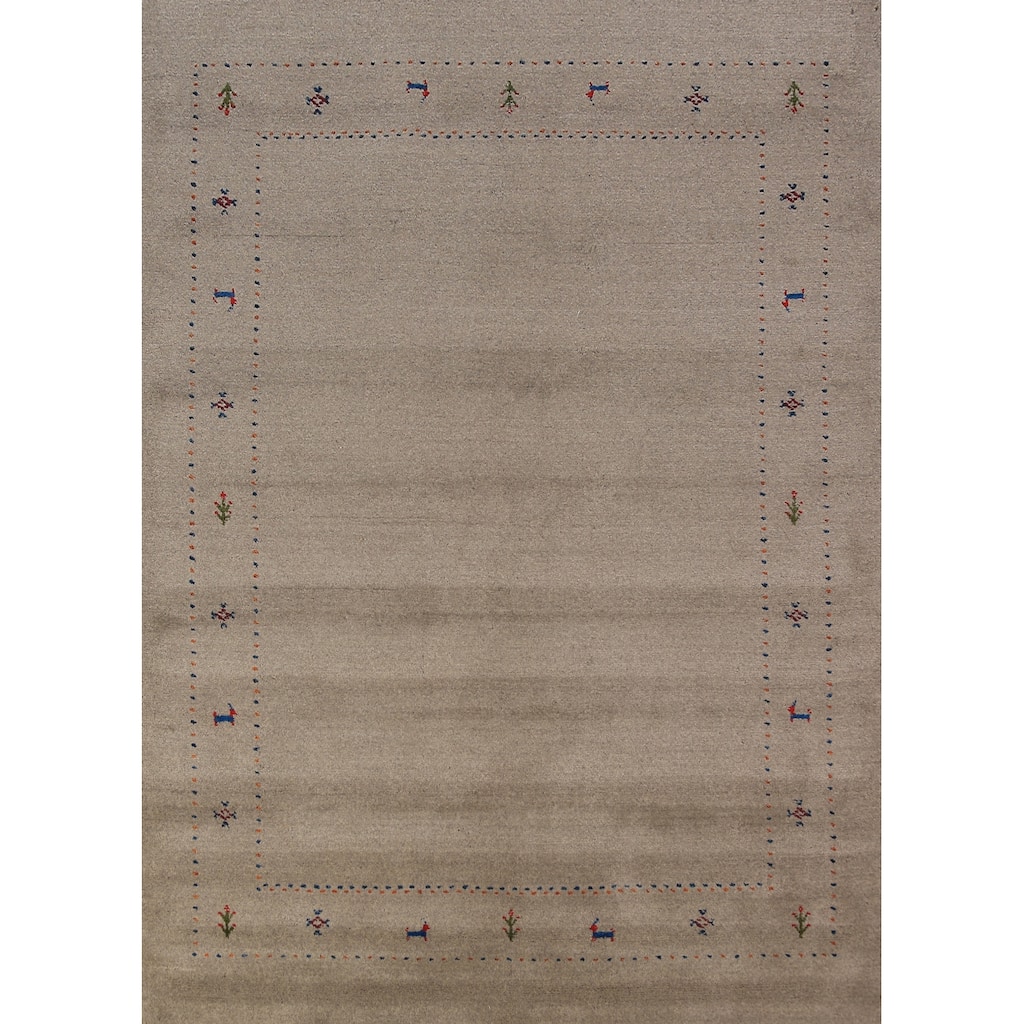 Gabbeh Oriental Area Rug Hand-Knotted Beige Tribal Wool Carpet - 5'7" x 7'10"