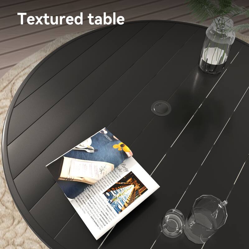 VRSHWO Outdoor Round Patio Dining Table for 4-6, All Weather Metal Dining Table with Umbrella Hole for Deck Lawn Garden Backyard