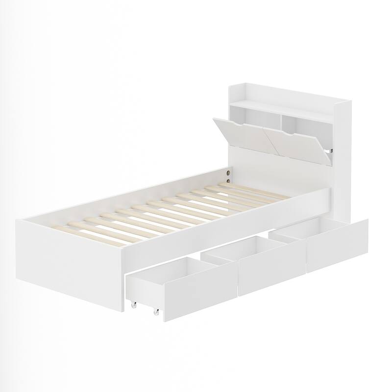 Timechee Twin Bed Frame with 3 Drawers And Hidden Storage Wood Frame