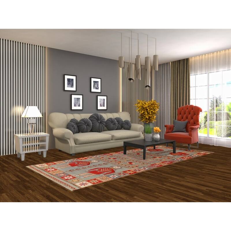 Hand Knotted Oriental 100% Wool Carpet Traditional Tribal Greys & Charcoal Heriz (serapi) Runner Rug - 9' 11'' X 4' 1''