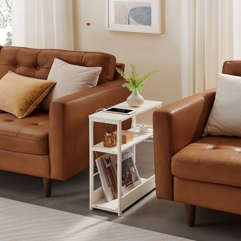 Space-Saving End Table with 3 Storage Shelves and Built-In Charging Station and Stable Steel Frame - 7.1"D x 17.7"W x 22.8"H