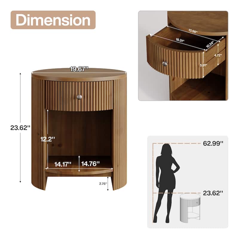 2-Tier Round End Table with Drawer, No Assembly Required, Wooden Beside Table, Circle Nightstand for Bedroom, Living Room