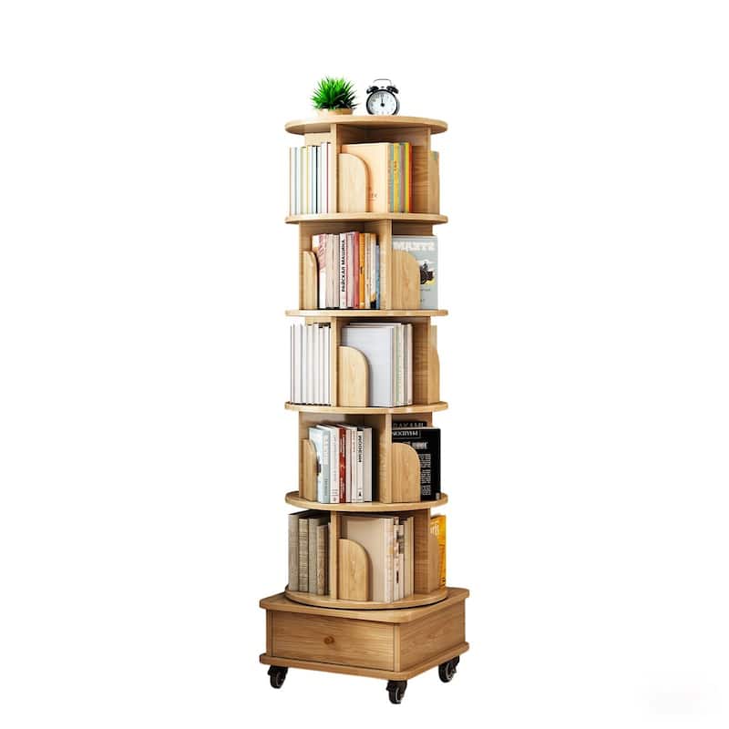 GDF Studio - Purling Modern 6-Tier Wood 360-Degree Rotating Bookshelf with Drawer Storage