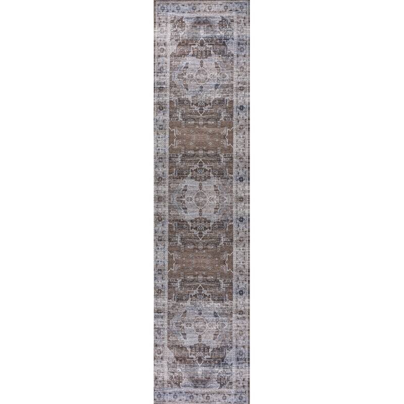 JONATHAN Y Dalyan Ornate Medallion Machine Washable Area Rug - 2 X 8 - Brown/Light Gray
