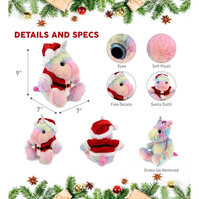 DolliBu Santa Sitting Rainbow Unicorn Stuffed Animal Plush with Outfit - 10 inches