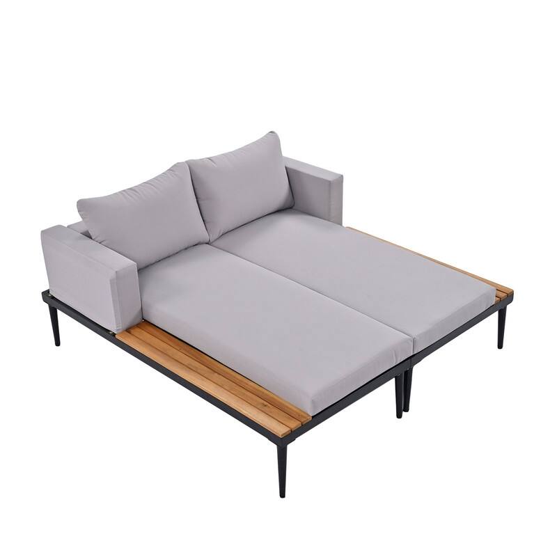 Contemporary Outdoor Daybed – Metal Frame With Wooden Drink Ledges, 2-in-1 Padded Chaise Lounge For Poolside & Balcony‌
