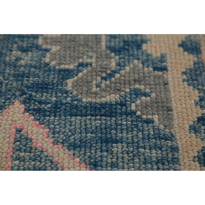 Hand Knotted Oriental 100% Wool Carpet Transitional Geometric Navy Blue & Blues Oushak Runner Rug - 13' 10'' X 3' 2''