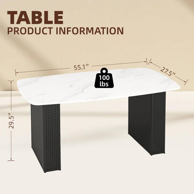 Modern Rectangular Tempered Glass Dining Table, Marble-Patterned Design with Black Dual-Pedestal Metal Base for Dining Room