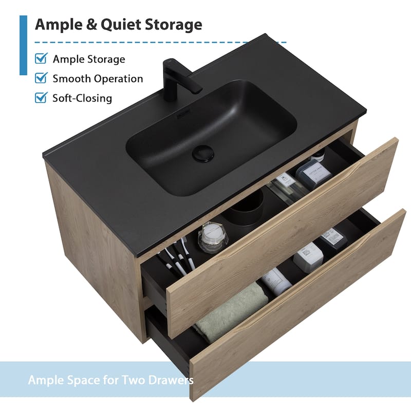 RupheonD 24"-48" Floating Bath Vanity in Evita Oak with Black Quartz Top