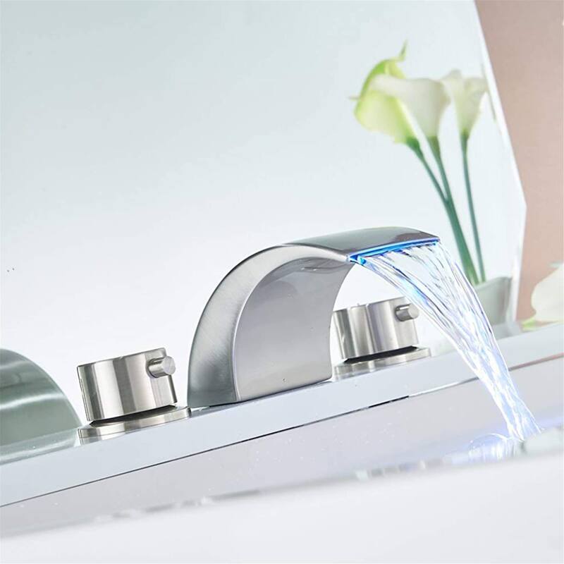 LED Widespread Bathroom Faucet With Drain Assembly 3 Holes Waterfall Bathroom Sink Faucets WIth Light 2 Handle Basin Vanity Tap