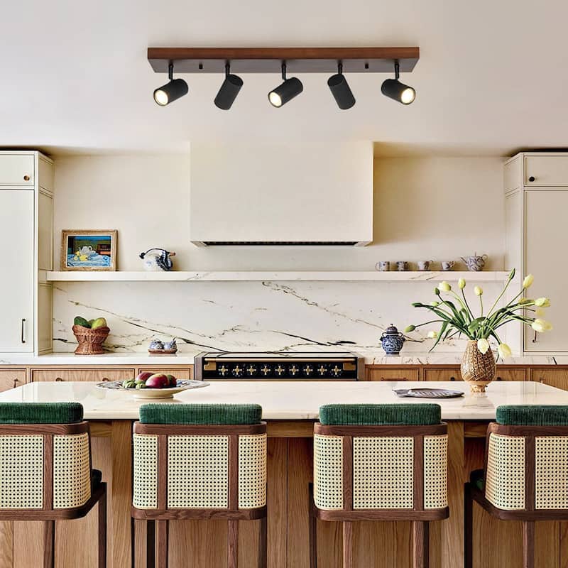 Farmhouse 5-Light Walnut Wood Rectangle Flush Mount Track Light