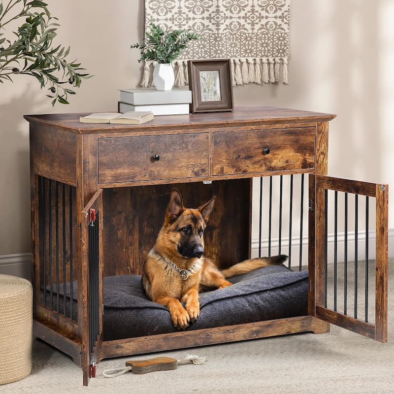 BOSSIN 44 Inch Large Dog Crate Furniture, Wooden Dog Kennel End Table with Storage Drawers, Decorative Pet Crates Dog House - Brown