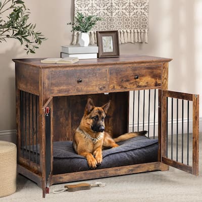 BOSSIN 44 Inch Large Dog Crate Furniture, Wooden Dog Kennel End Table with Storage Drawers, Decorative Pet Crates Dog House