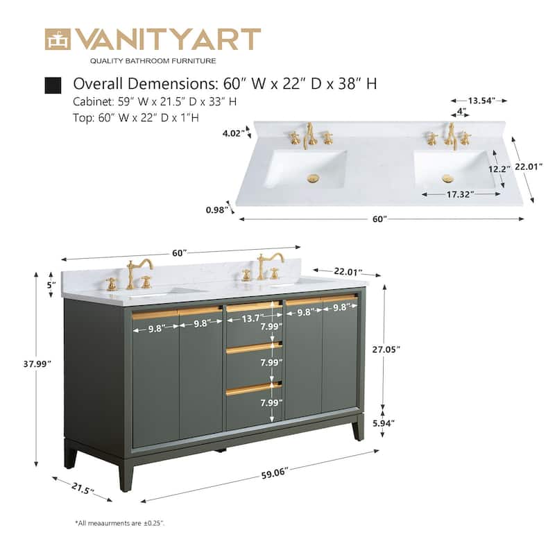 Vanity Art Bathroom Vanity with Ceramic Sink and Engineered Marble Top