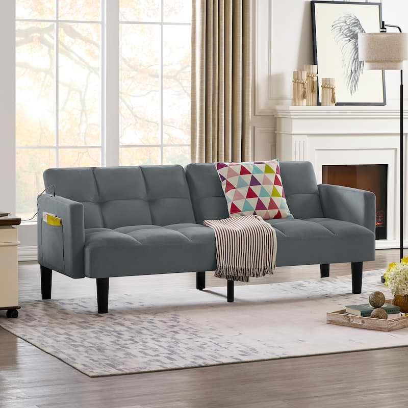 Versatile Adjustable Futon Couch Convertible Velvet Sleeper Sofa Bed with USB, Side Pockets, Chevron Tufting and Tapered Legs