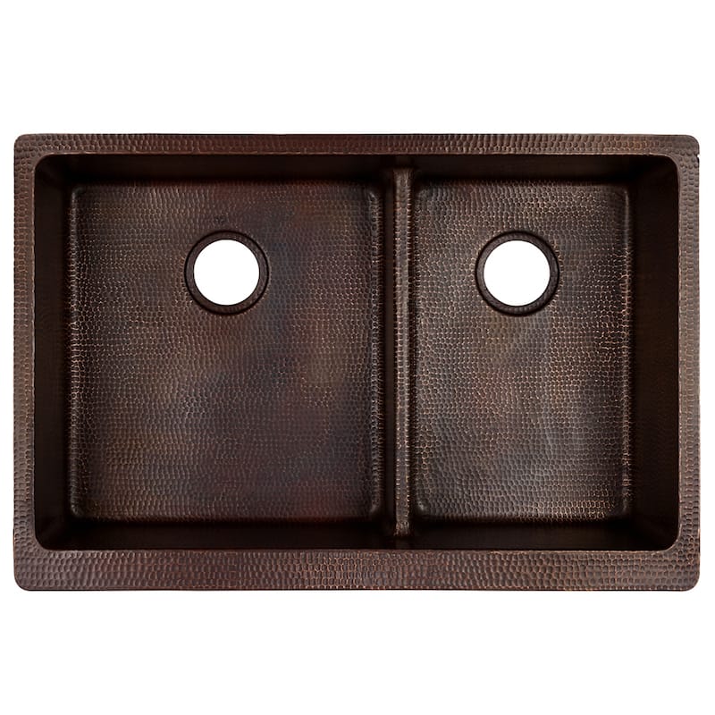 33-in Hammered Copper Kitchen Apron 60/40 Double Basin Sink with Short 5-in Divider w/ Accessories (KSP3_KA60DB33229-SD5)