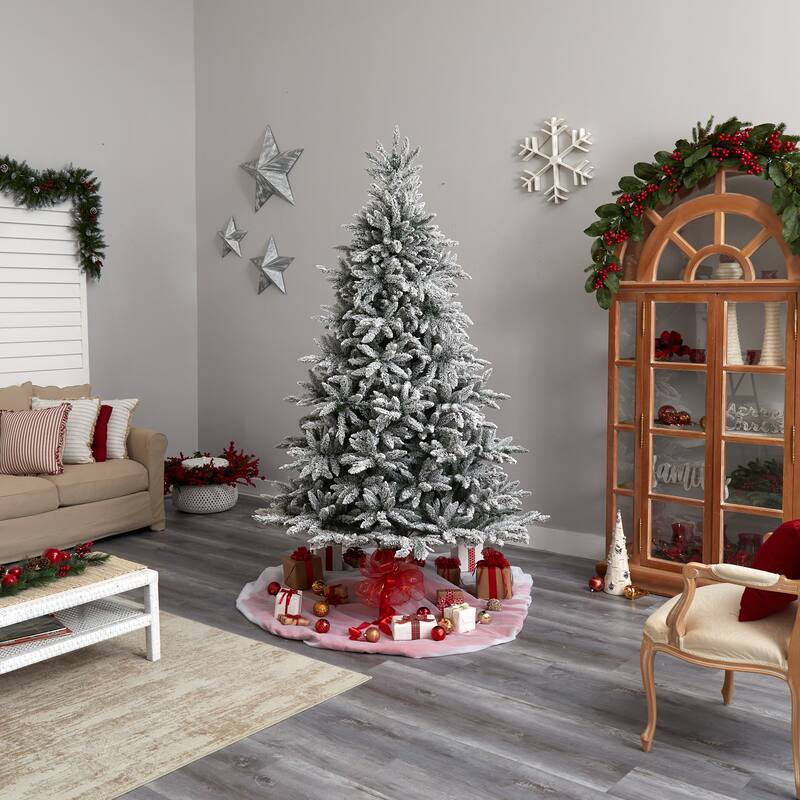 8’ Flocked West Virginia Spruce Artificial Christmas Tree, Clear LED - 8 Foot