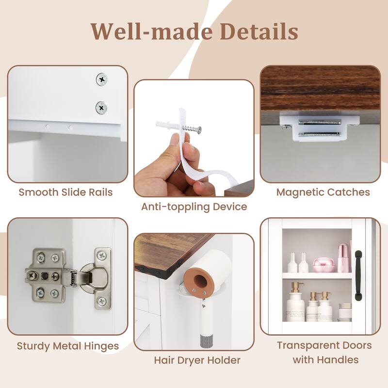Gymax Farmhouse Vanity Desk w/ Lighted Mirror Makeup Vanity Table w/ 3