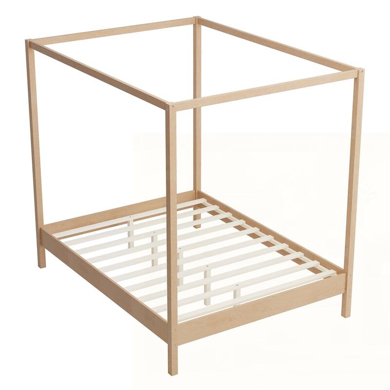 Solid Wood Canopy Bed Frame Four Poster Platform Bed with Slats Support