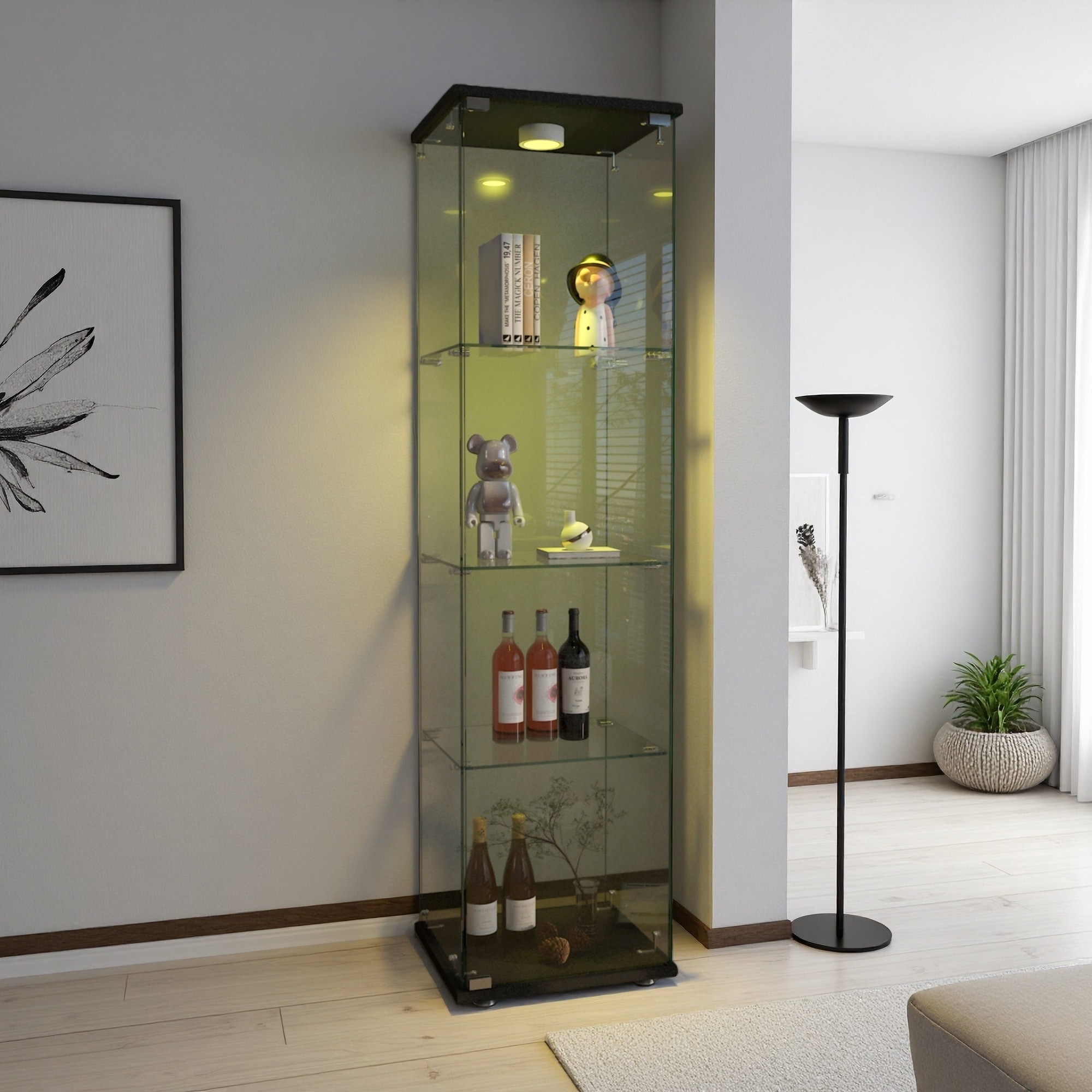 64.45"H Modern Glass Display Cabinet, 1-Door, 4 Shelves, LED, Living Room & Bedroom