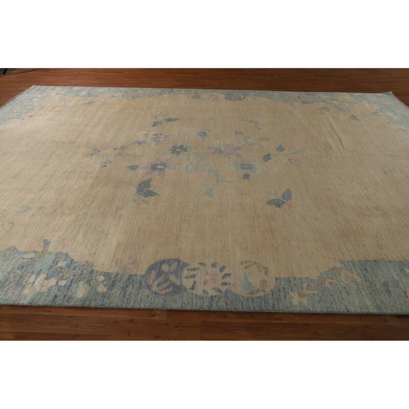 Hand Knotted Oriental 100% Wool Carpet Traditional Floral Beige & Ivories Art Deco Area Rug - 13' 5'' X 9' 8''