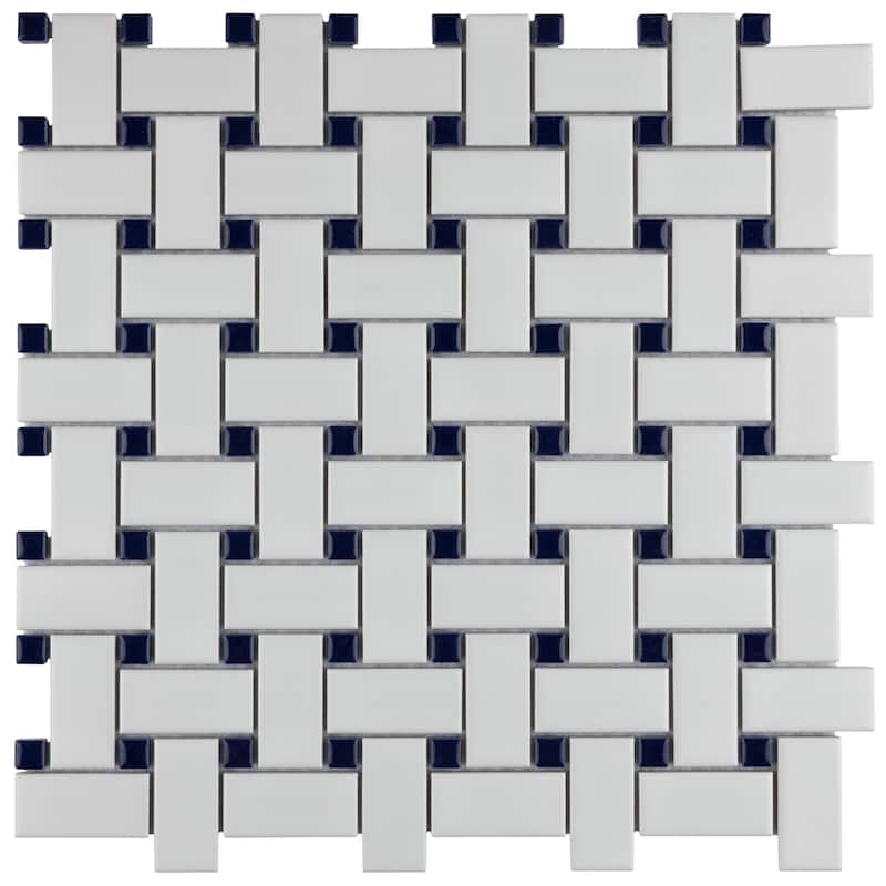 Merola Tile Metro Basketweave White w/ Glossy Cobalt Dot 11-3/4" x 11-3/4" Porcelain Mosaic Floor and Wall Tile