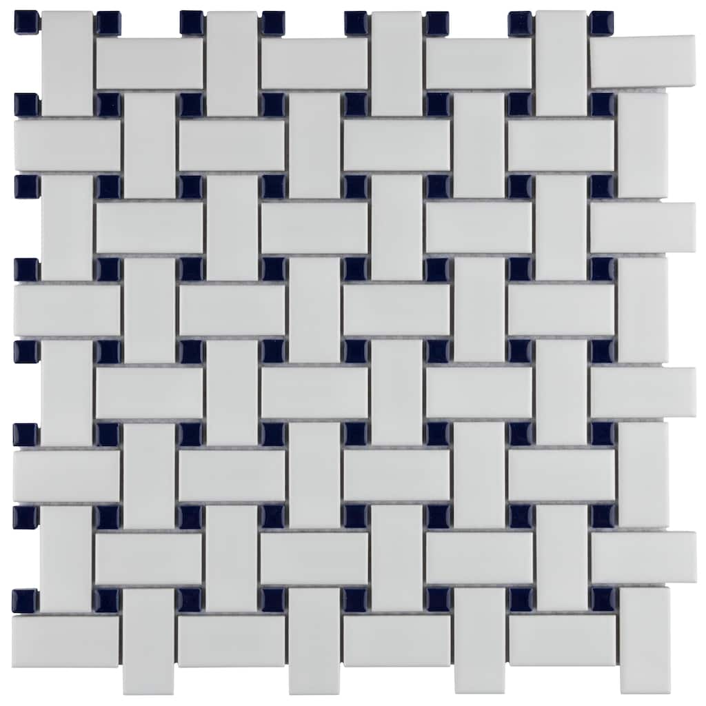 Merola Tile Metro Basketweave White w/ Glossy Cobalt Dot 11-3/4" x 11-3/4" Porcelain Mosaic Floor and Wall Tile