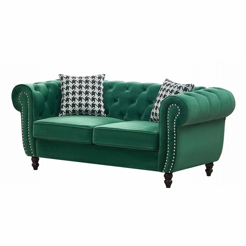 Roomfitters 65" Classic Chesterfield Upholstered Loveseat with Scrolled Arms & Nailhead Trim, Button Back Couch