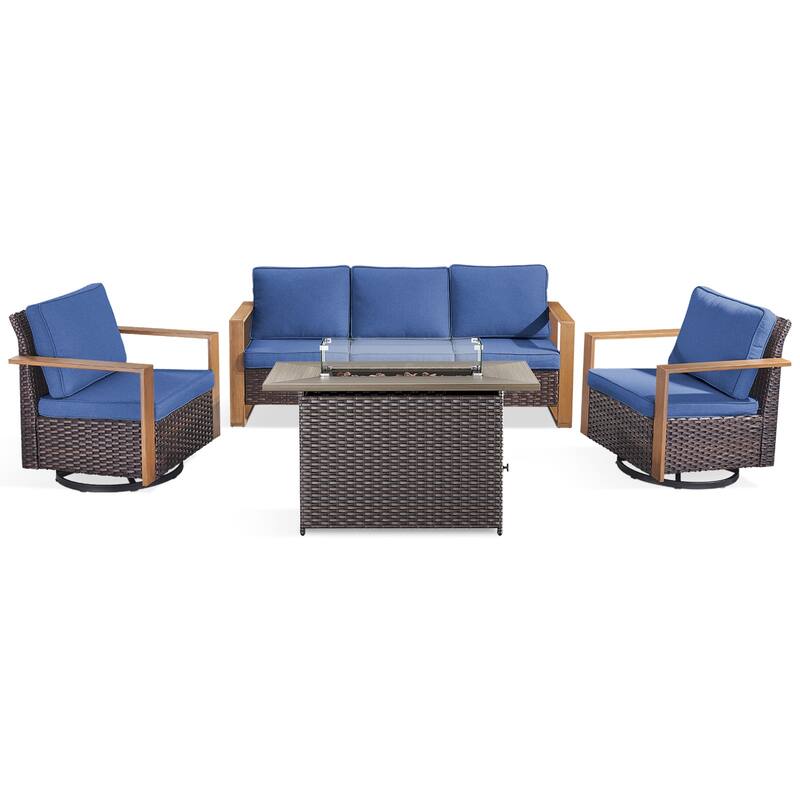 Meyreso Wicker Outdoor Patio Fire Pit Set with Swivel Gliders & 4.5" Olefin Cushions