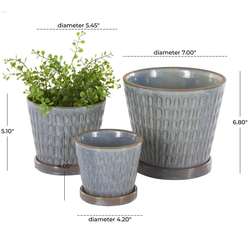 Ceramic Geometric Oval Patterned Indoor Outdoor Planter with Brown Accents and Base Tray - Set of 3 Blue - Roche River Decor