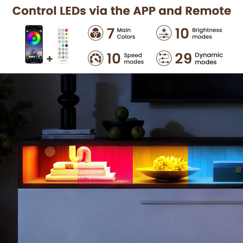 Meyreso 70.8" Modern High Gloss White & Walnut TV Stand with LED Lighting and Open Storage - 70 inches