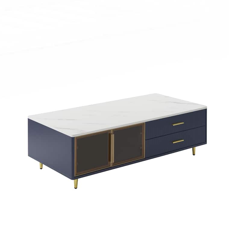 Modern White Coffee Table with 2 Glass Door Storage