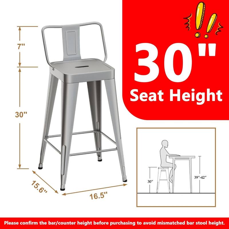 Metal Counter & Bar Stools Set of 4, 26" and 30" Seat Height Barstools with Metal Frame and Low Back for Kitchen lsland