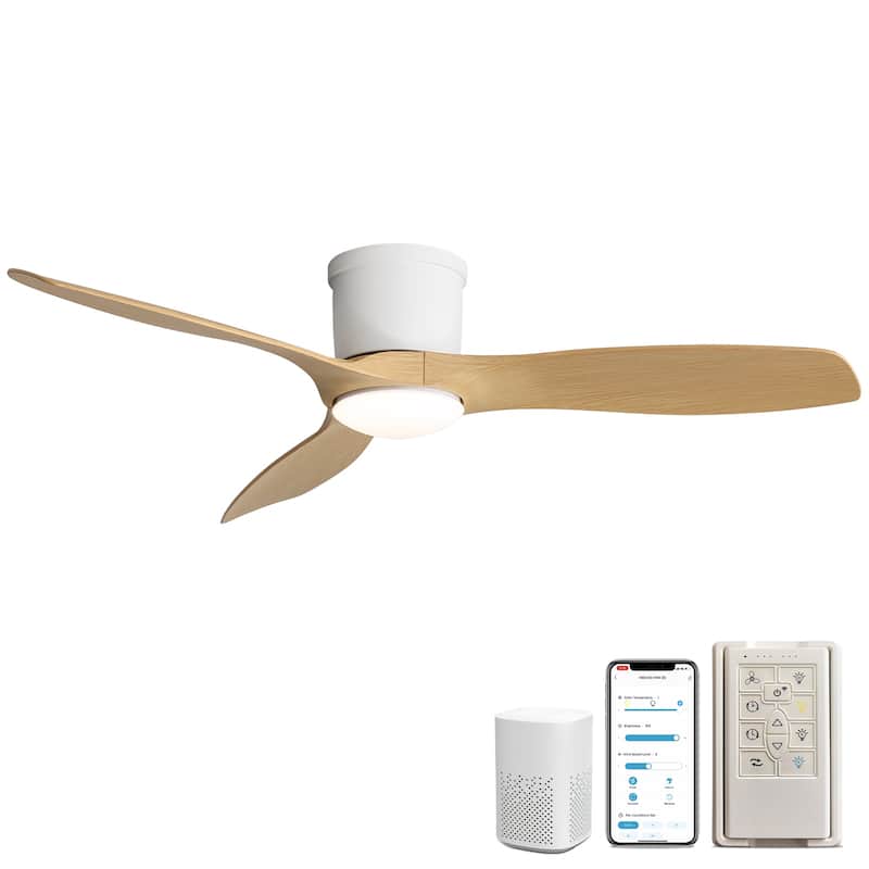 Sofucor 52 Inch Low Profile Flush Moun Ceiling Fans with Lights,3 ABS Blades,Dimmable 6-Speed 3-Timer Reversible DC Motor - White with Light wood grain Blades - Smart(Remote+APP+Voice Control)