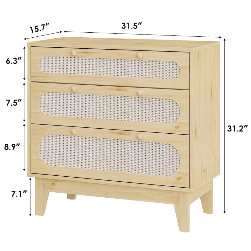 Rattan Drawer Dresser, 3 Wood Drawers Storage Cabinet Dresser for Bedroom, Living Room,Hallway