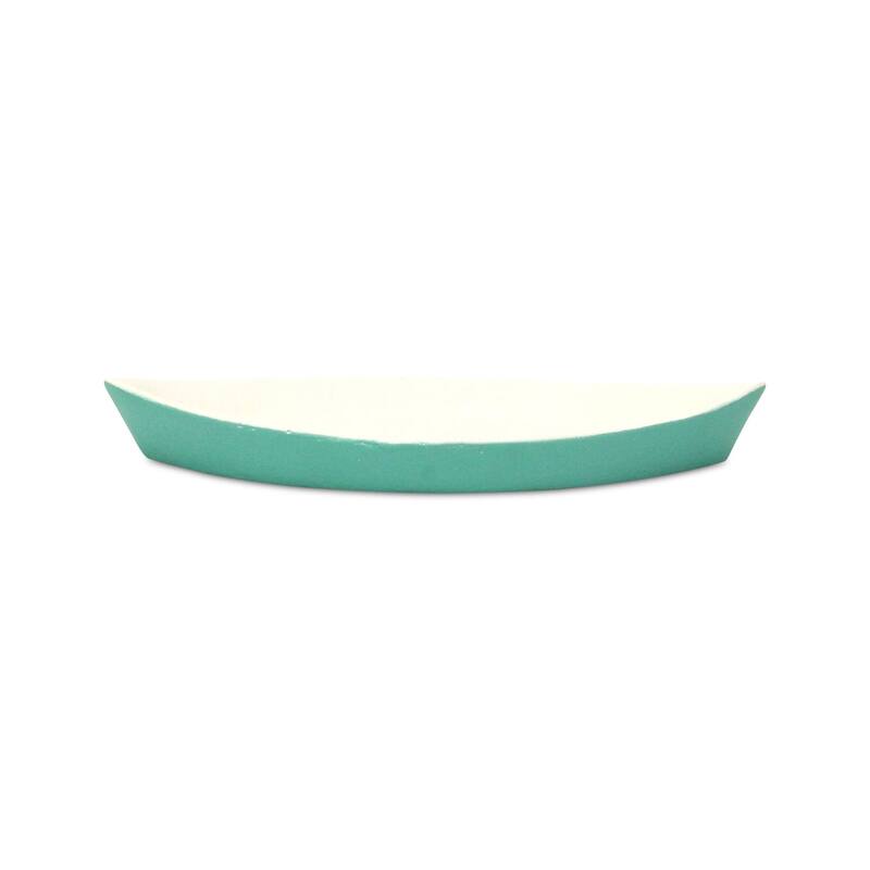 HomeRoots 10" Aqua And White Cast Iron Oval Boat Shaped Tray - 9.75 in. x 1.25 in. x 4.25 in.