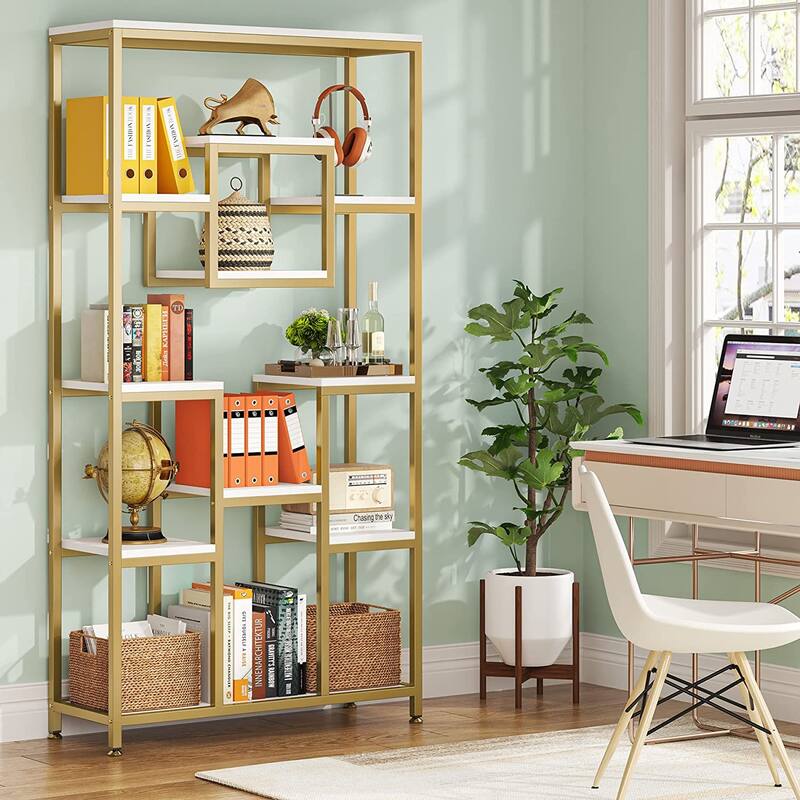 71 Inch Tall Bookshelf, Freestanding Geometric Bookcase, White and Gold