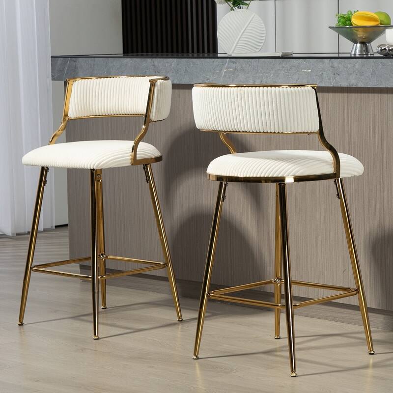 (SET of 2) 26'' Counter height bar stools Corduroy kitchen island counter bar stool with back,golden chromed base and footrest