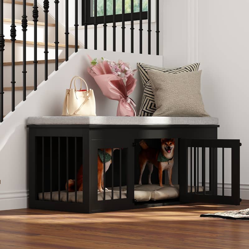 Chic Pet Haven: Luxe Wooden Dog Crate & Designer Home Bench - 47.2"