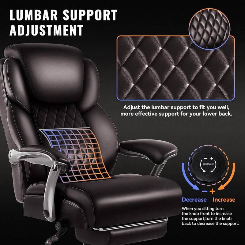 BOSSIN 600lbs Big and Tall Office Leather Chair with Flip up Armrest, Ergonomic Lumbar Support and Quiet Rubber Wheel