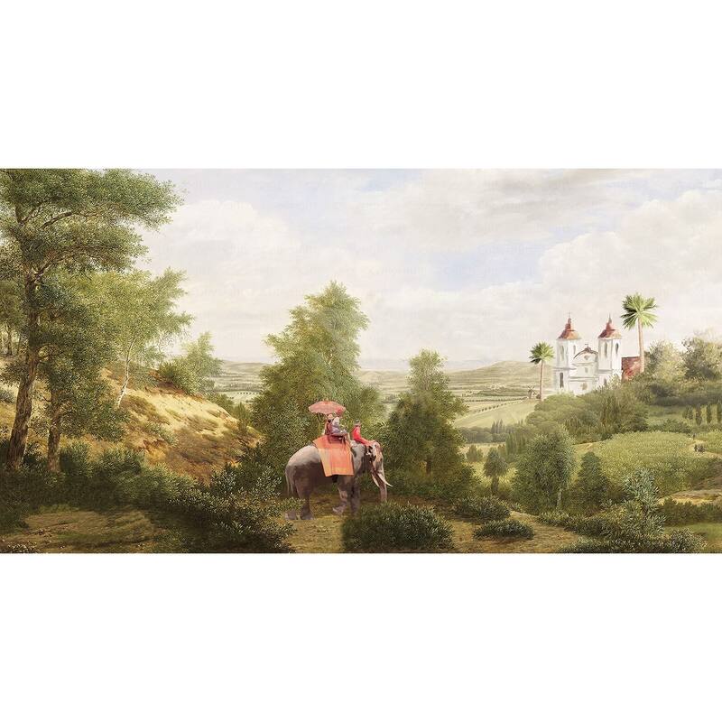 Vintage Scenic Wallpaper Mural with Elephant Ride and Serene Countryside Landscape