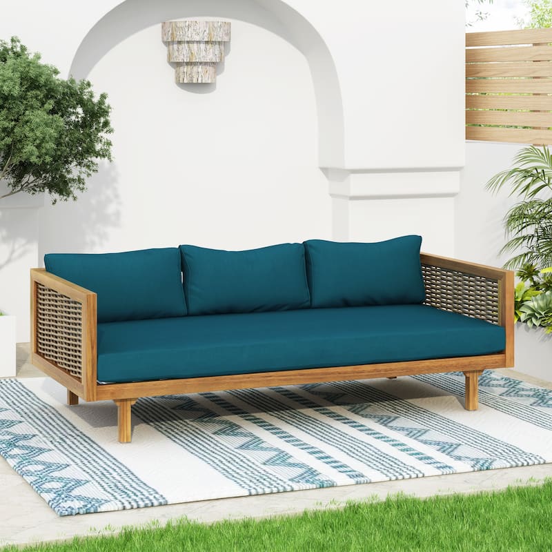 Roomfitters 3 Seater Wooden Patio Sofa, Wicker Panel Design, Modern Daybed with Weather-Resistant Cushions
