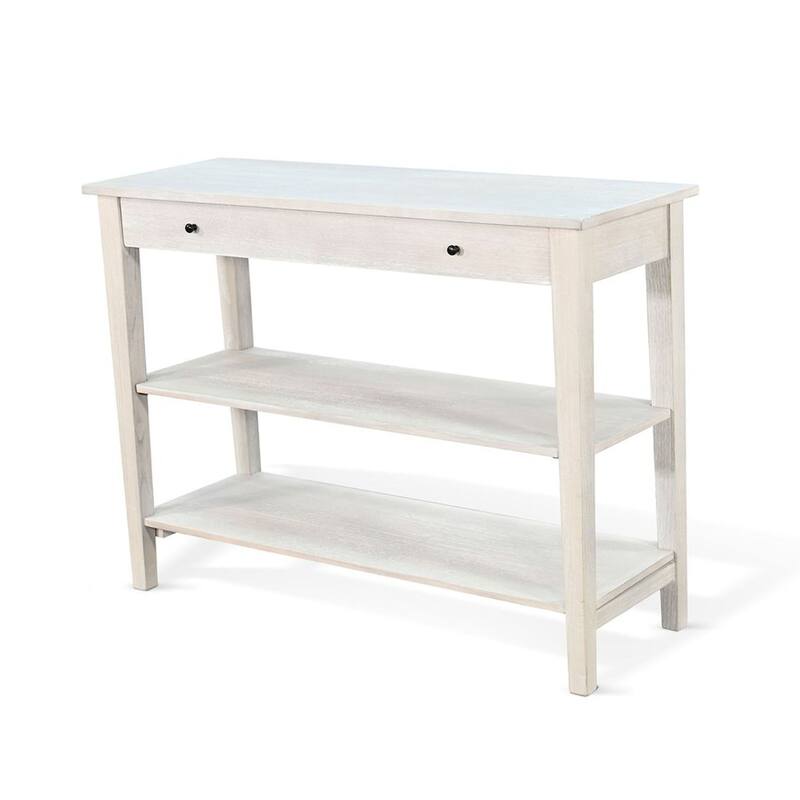 Pela Sofa Console Table, 42 Inch Top, 2 Shelves, Light Gray Solid Wood