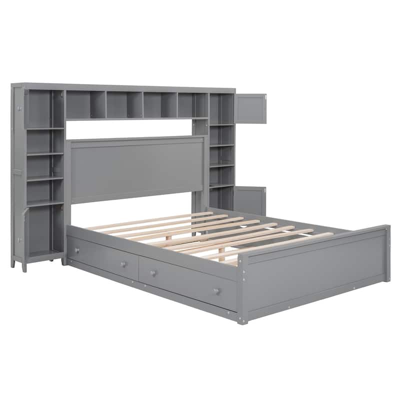 Merax Modern Wooden Bed With All-in-One Cabinet, Shelf and Sockets
