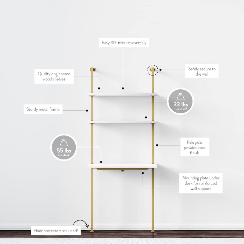 Nathan James Theo 2-Shelf Industrial Wall Mount Ladder Desk, Small Computer or Writing Desk
