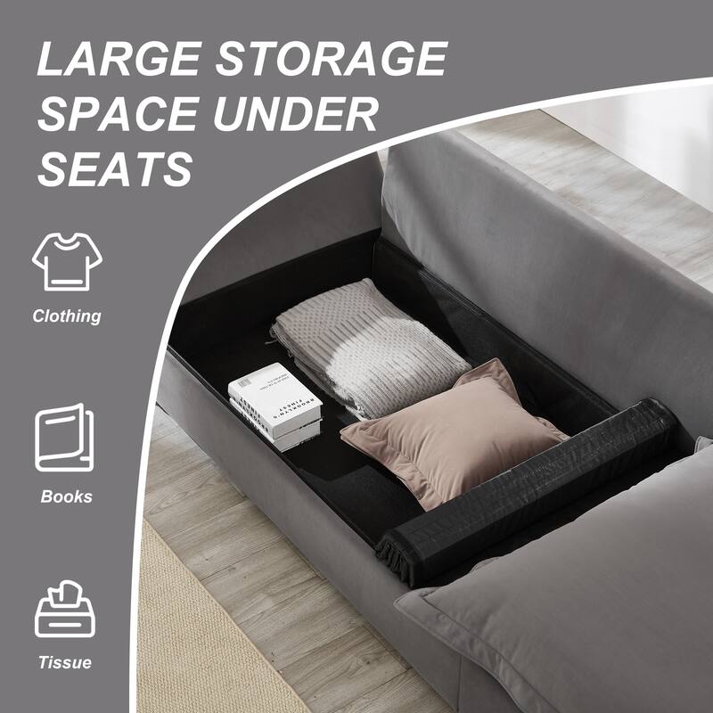 Modular Spacious Deep Seating Velvet Sofa with Storage, Removable Cushion Covers, Pillow Top Arms, Solid Wood Frame and Pillows
