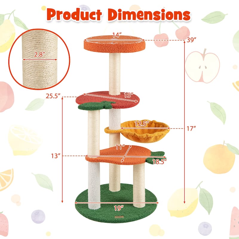 39" Multiple Climbing Levels Cat Tree with Orange Perch Apple and Carrot Platform Sisal Scratch Posts