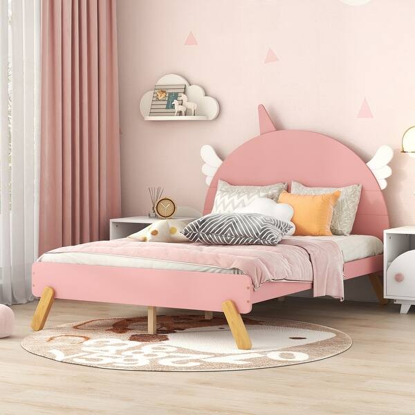 slide 2 of 8, Unicorn Wooden Full Size Platform Bed with Unicorn Shape Headboard Pink